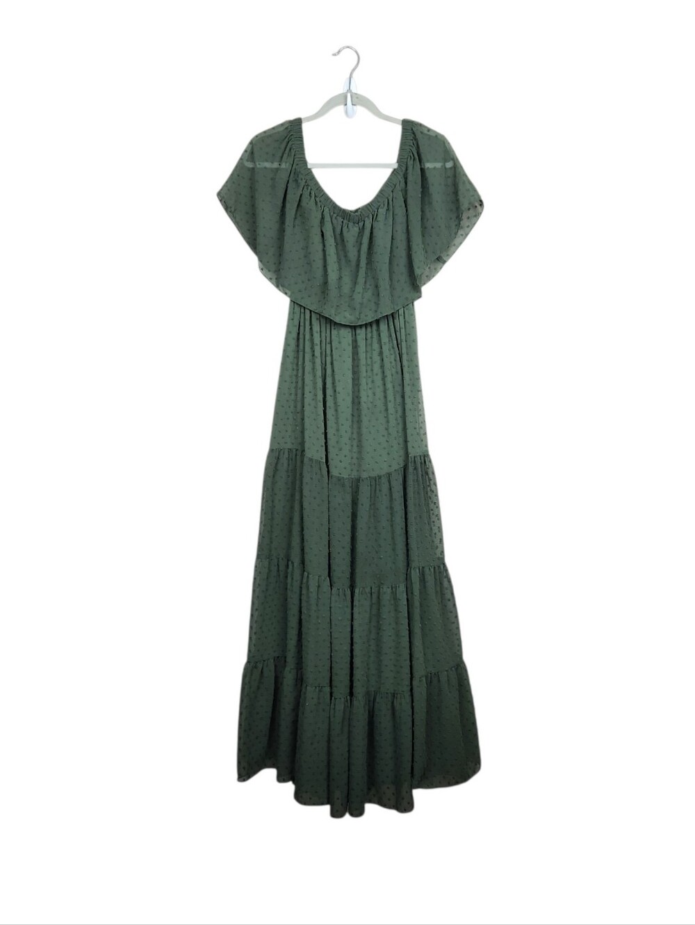 Baltic Born Olive Green Swiss Dot Off The Shoulder Tier Maxi Dress Womens Size S - Picture 1 of 12